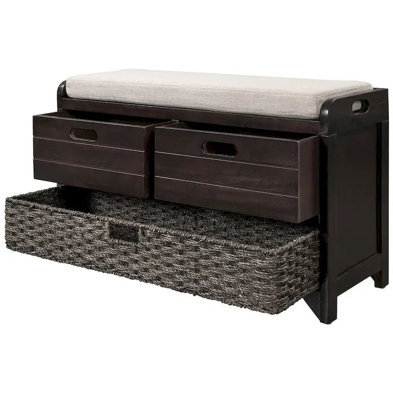 Banc de rangement rustique rembourré avec 2 tiroirs et panier en rotin amovible