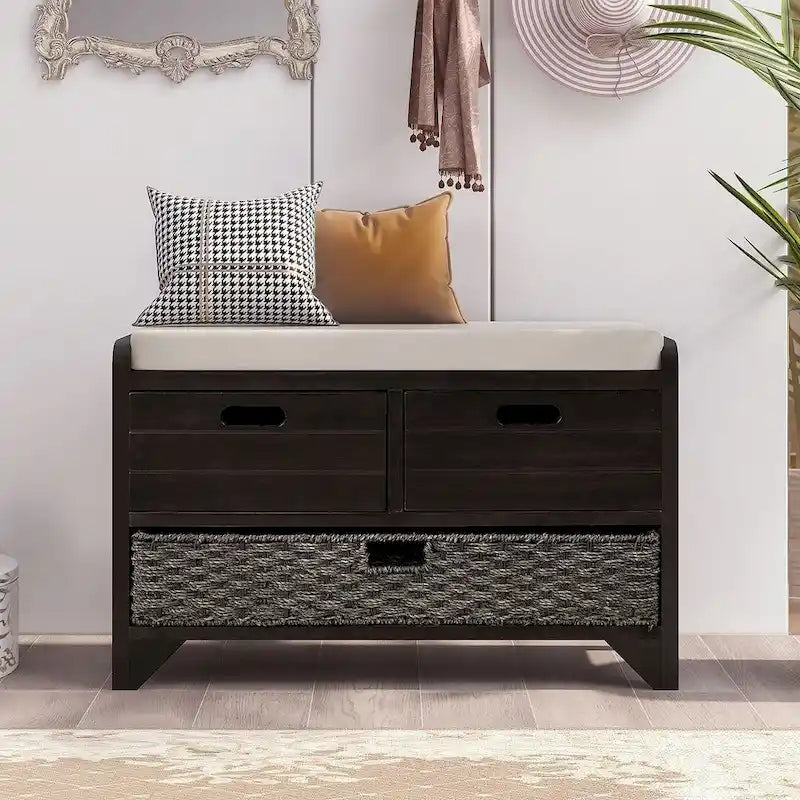 Banc de rangement rustique rembourré avec 2 tiroirs et panier en rotin amovible