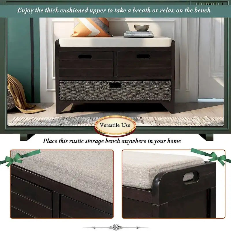 Banc de rangement rustique rembourré avec 2 tiroirs et panier en rotin amovible
