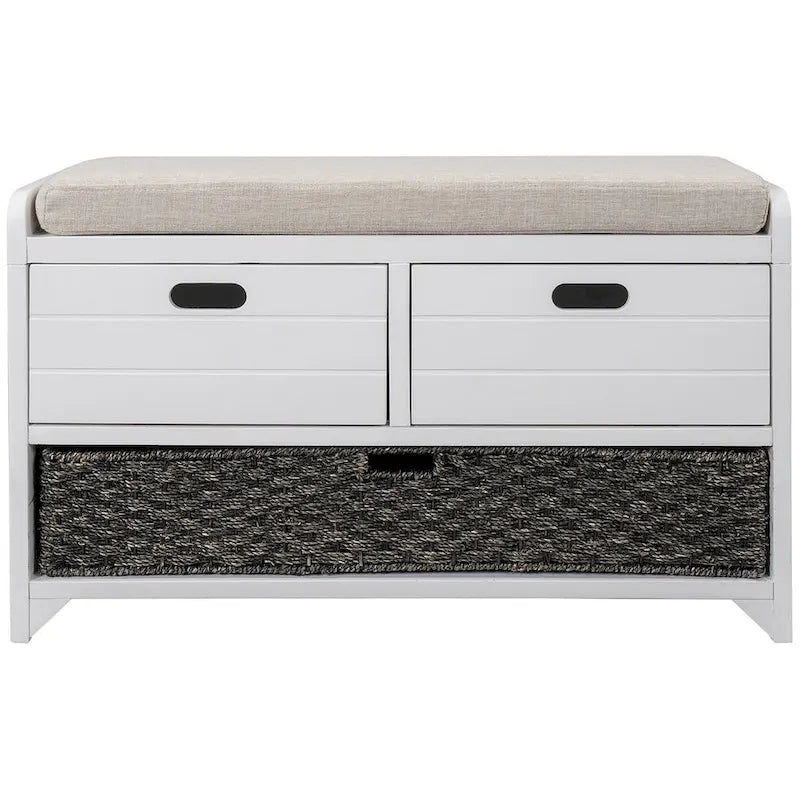 Banc de rangement rustique rembourré avec 2 tiroirs et panier en rotin amovible