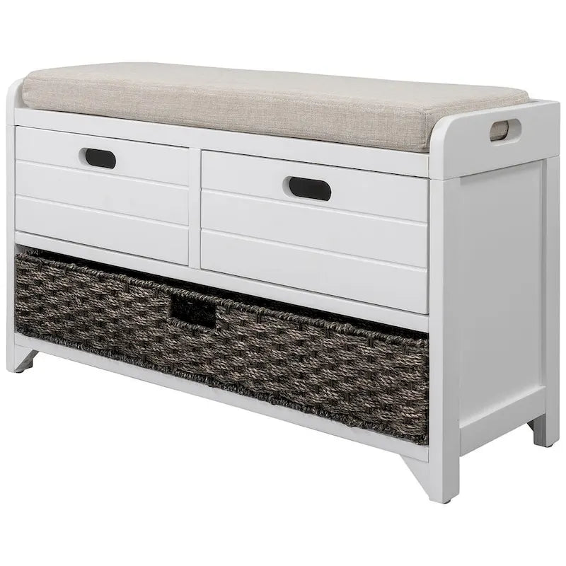 Banc de rangement rustique rembourré avec 2 tiroirs et panier en rotin amovible