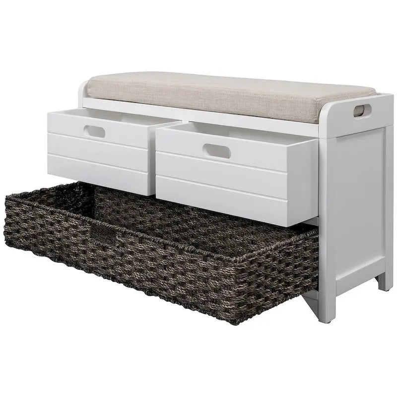 Banc de rangement rustique rembourré avec 2 tiroirs et panier en rotin amovible
