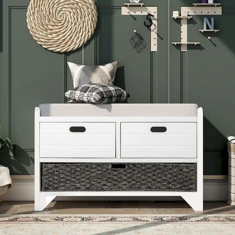 Banc de rangement rustique rembourré avec 2 tiroirs et panier en rotin amovible