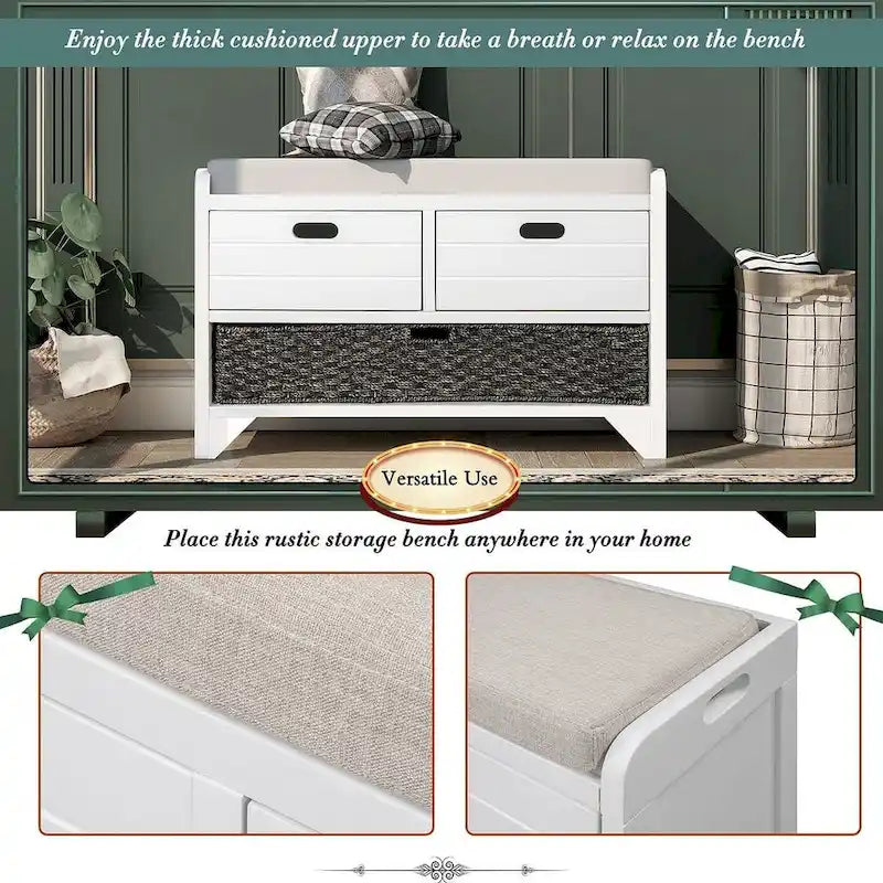 Banc de rangement rustique rembourré avec 2 tiroirs et panier en rotin amovible