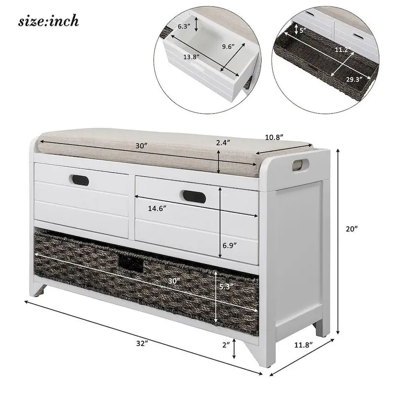 Banc de rangement rustique rembourré avec 2 tiroirs et panier en rotin amovible