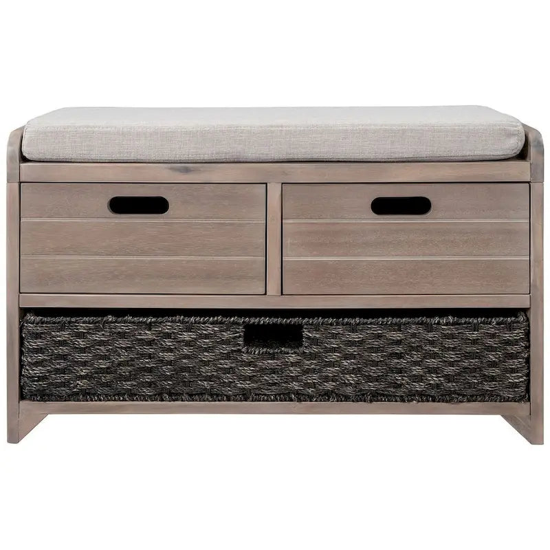 Banc de rangement rustique rembourré avec 2 tiroirs et panier en rotin amovible