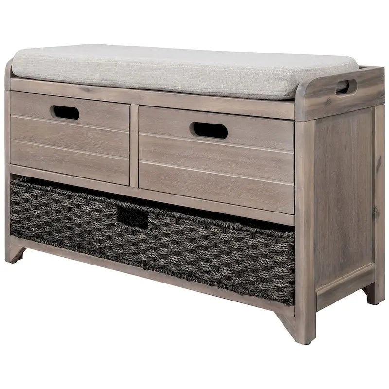 Banc de rangement rustique rembourré avec 2 tiroirs et panier en rotin amovible