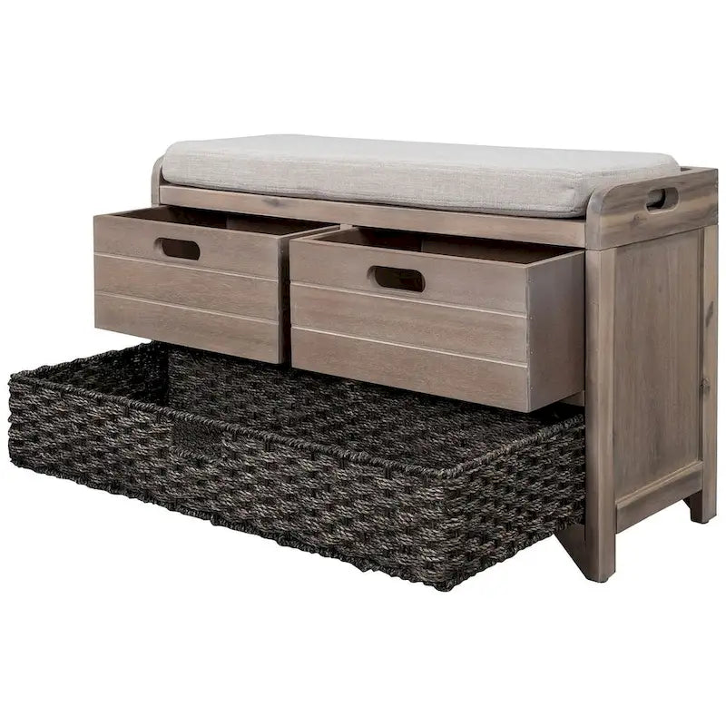 Banc de rangement rustique rembourré avec 2 tiroirs et panier en rotin amovible