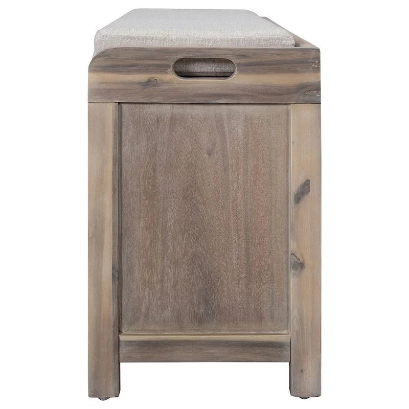 Banc de rangement rustique rembourré avec 2 tiroirs et panier en rotin amovible