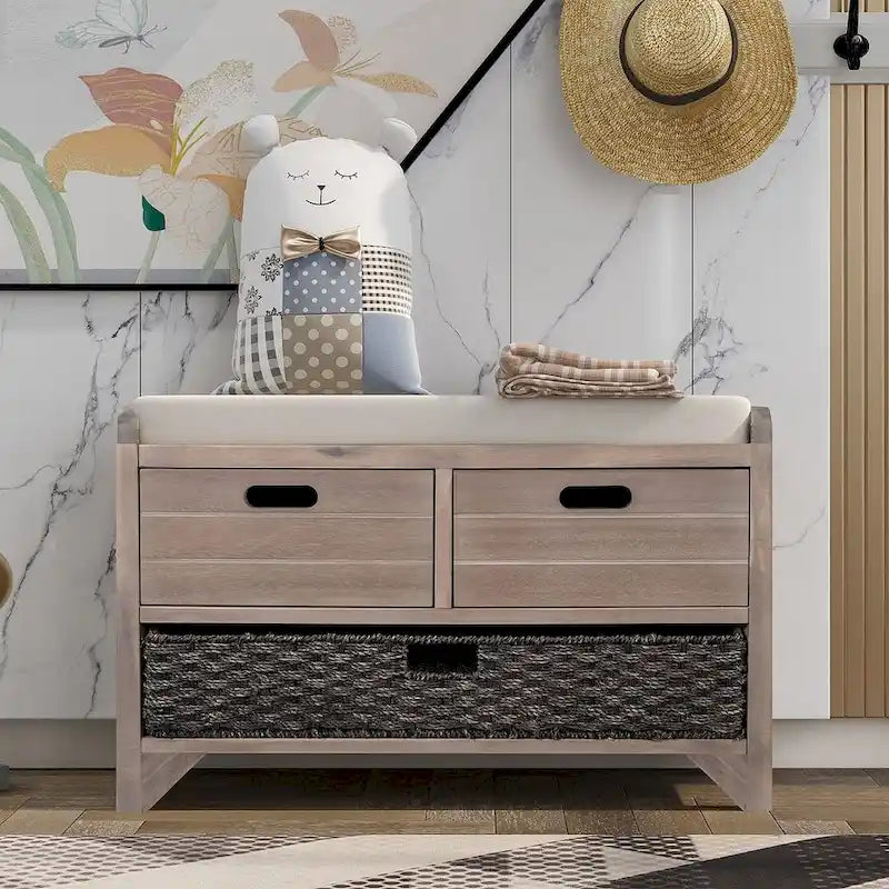 Banc de rangement rustique rembourré avec 2 tiroirs et panier en rotin amovible