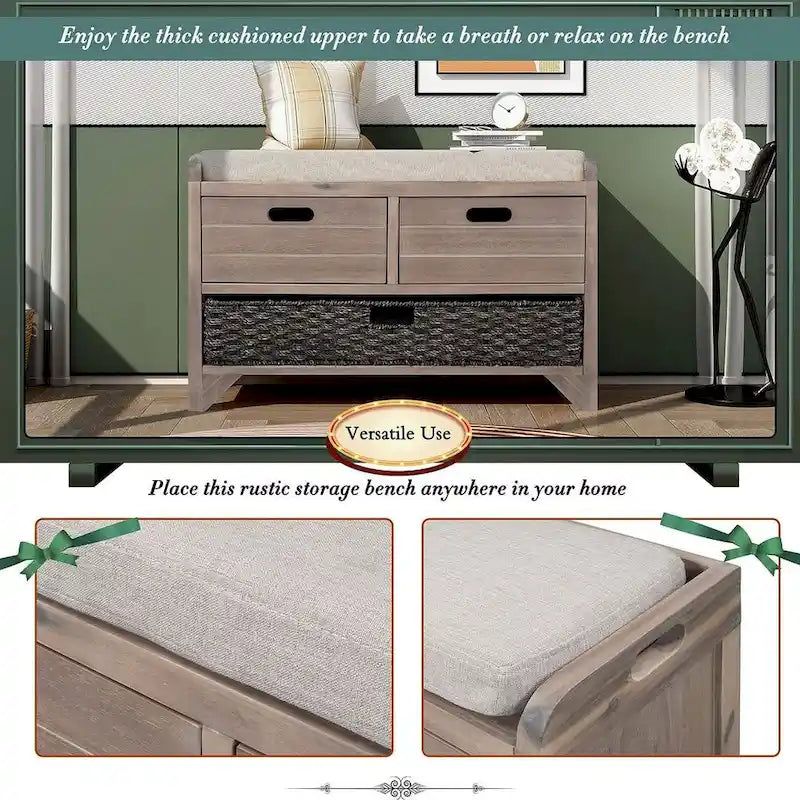 Banc de rangement rustique rembourré avec 2 tiroirs et panier en rotin amovible