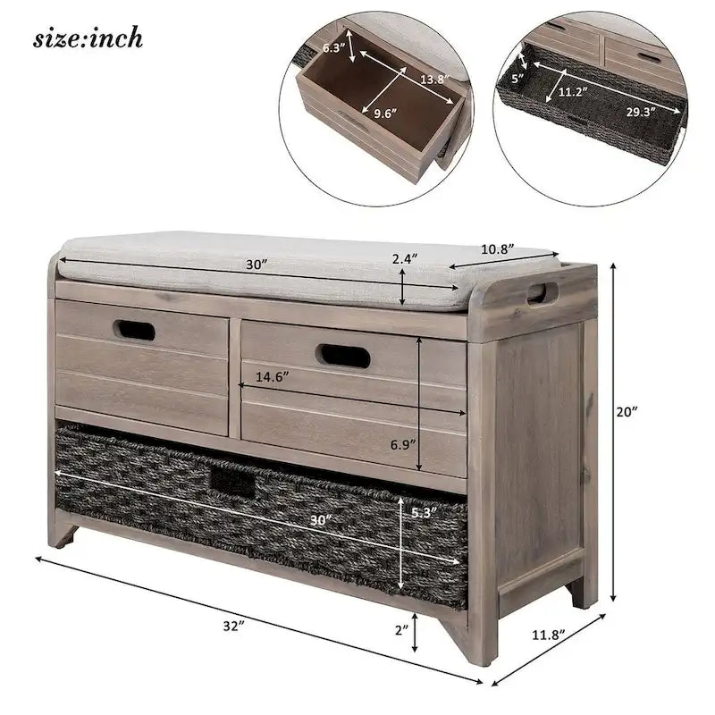 Banc de rangement rustique rembourré avec 2 tiroirs et panier en rotin amovible