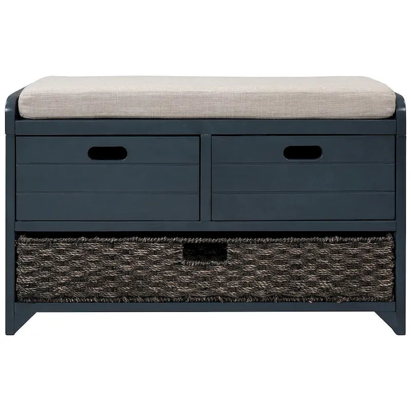 Banc de rangement rustique rembourré avec 2 tiroirs et panier en rotin amovible