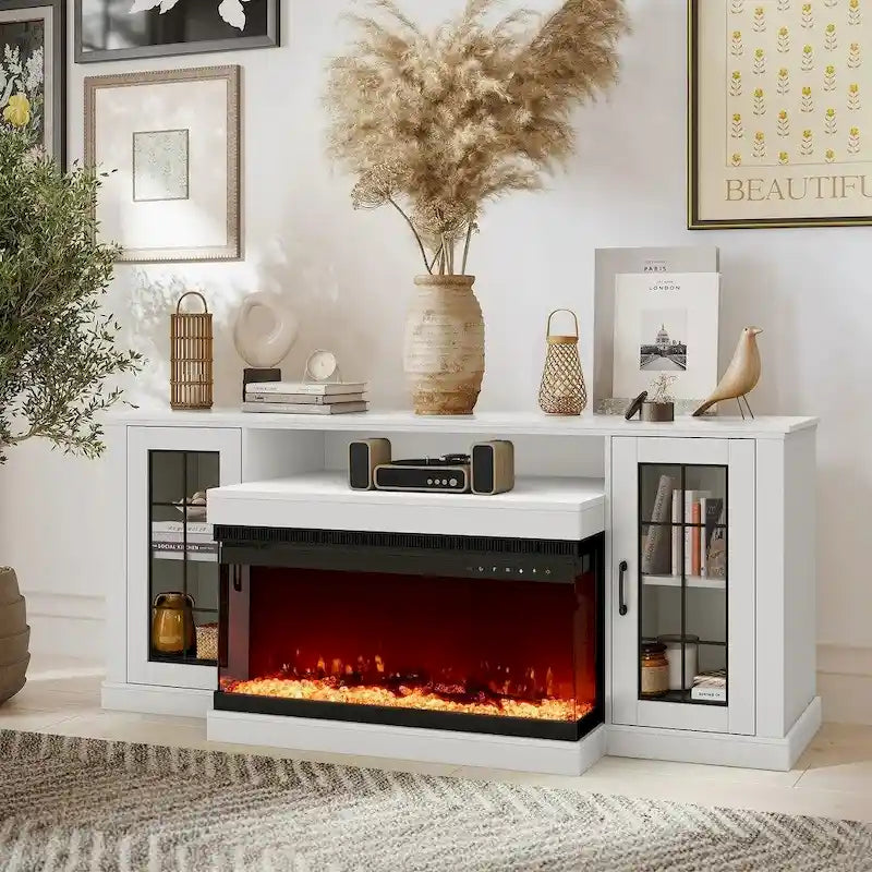 Meuble TV de 70 pouces avec cheminée électrique intégrée et étagères en verre réglables