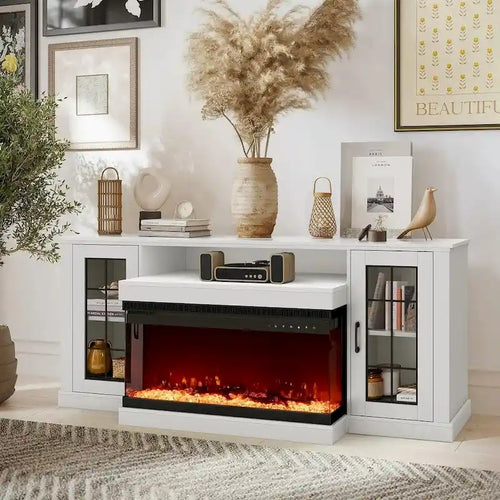 Erommy Entertainment Center with Adjustable Glass Shelves and Built-in Electric Fireplace - 70