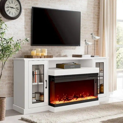 Meuble TV de 70 pouces avec cheminée électrique intégrée et étagères en verre réglables