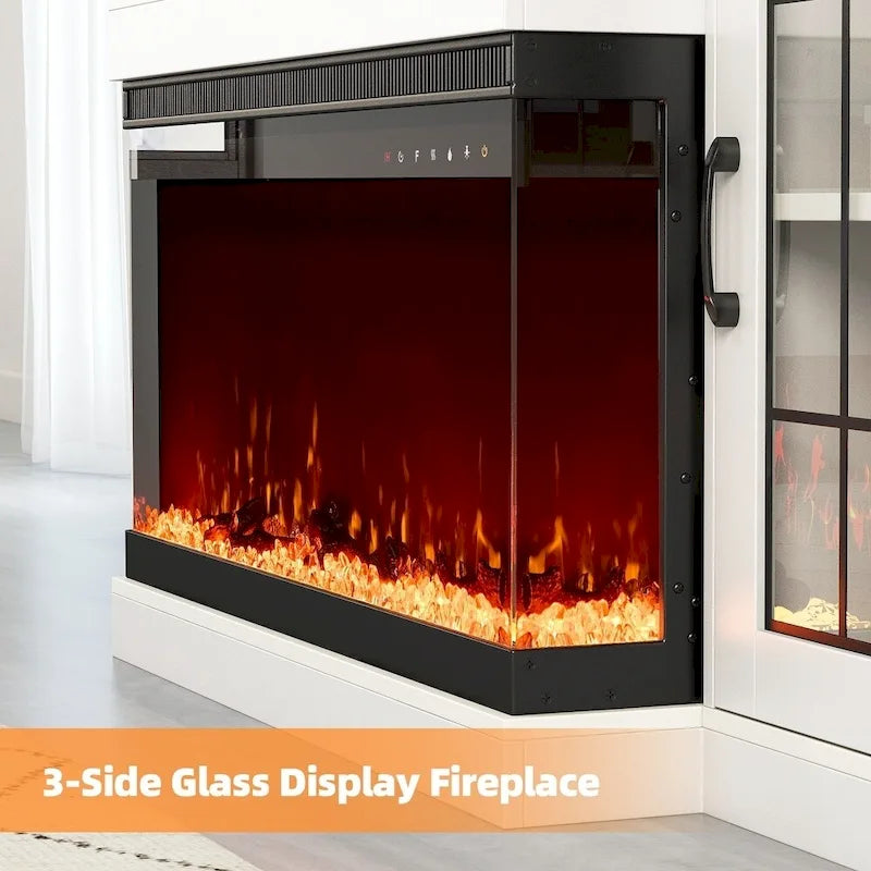Meuble TV de 70 pouces avec cheminée électrique intégrée et étagères en verre réglables