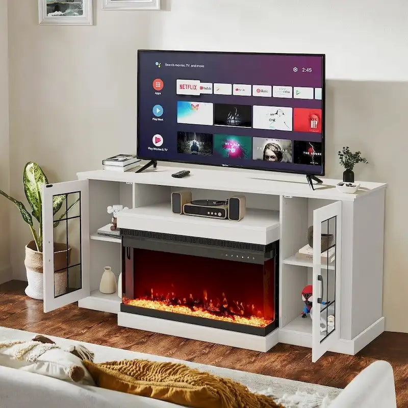 Meuble TV de 70 pouces avec cheminée électrique intégrée et étagères en verre réglables