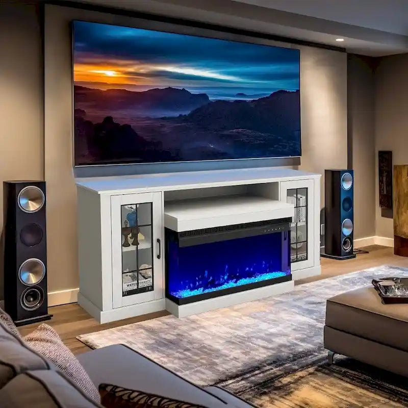 Meuble TV de 70 pouces avec cheminée électrique intégrée et étagères en verre réglables