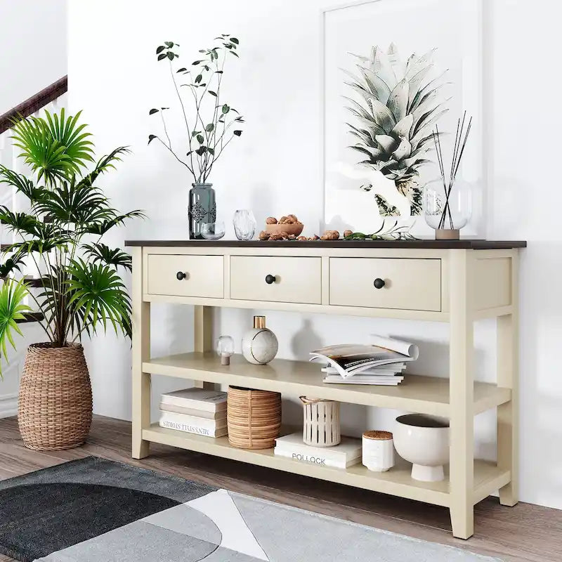 Table console de style Mid-Century avec tiroir et deux étagères ouvertes