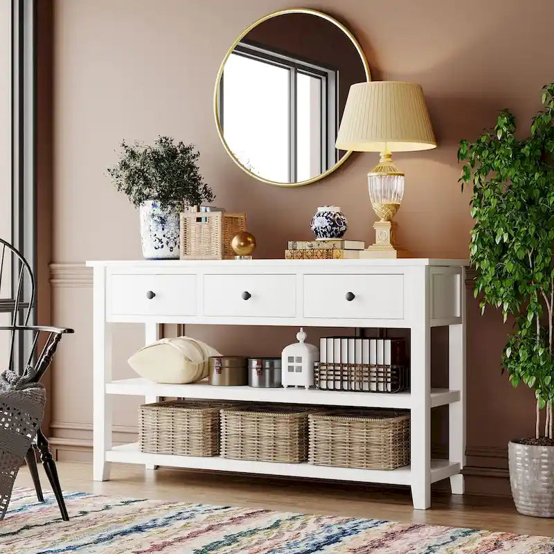 Table console de style Mid-Century avec tiroir et deux étagères ouvertes