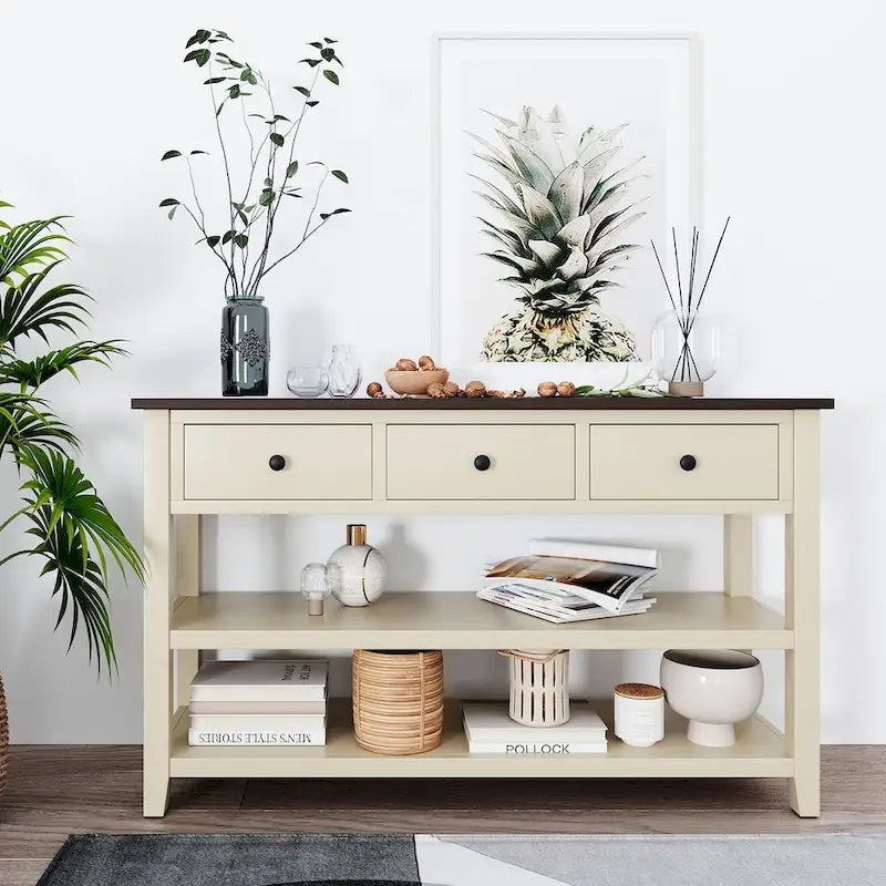 Table console de style Mid-Century avec tiroir et deux étagères ouvertes