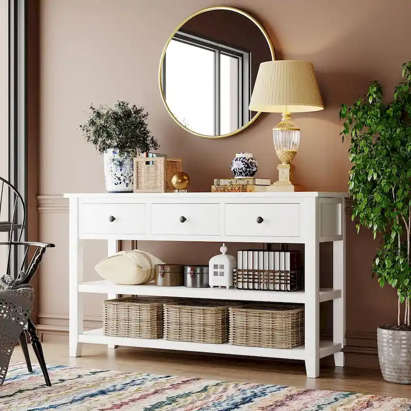 Table console de style Mid-Century avec tiroir et deux étagères ouvertes