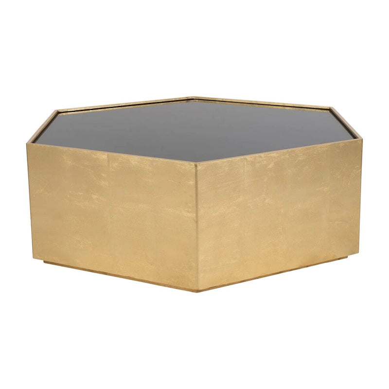 Table basse plateau verre noir hexagonal piètement bois feuille d'or