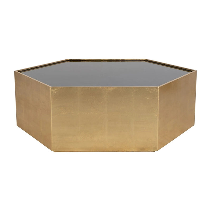 Table basse plateau verre noir hexagonal piètement bois feuille d'or