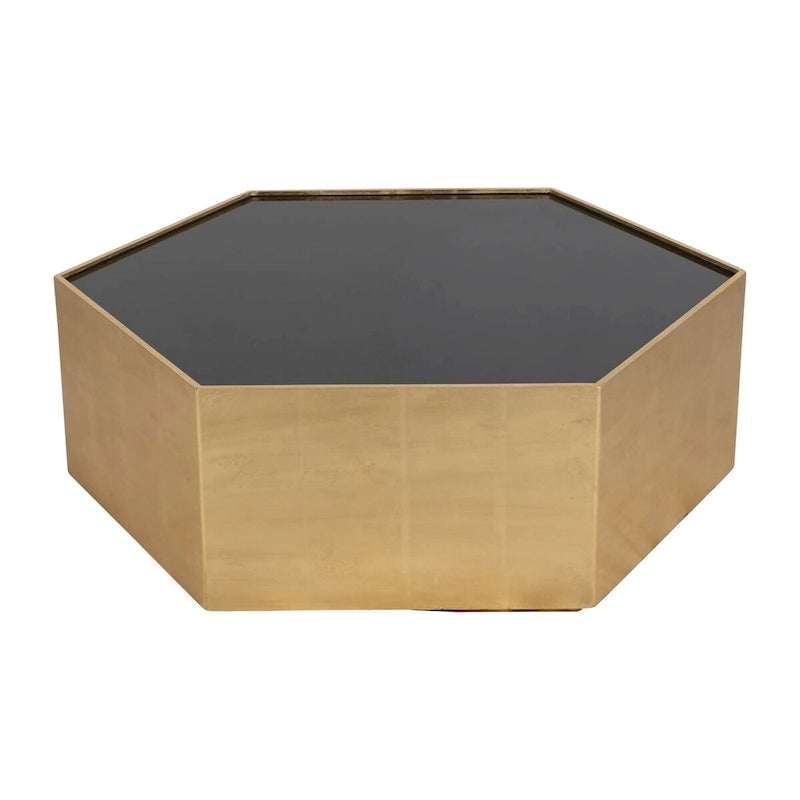 Table basse plateau verre noir hexagonal piètement bois feuille d'or