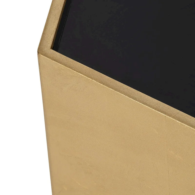 Table basse plateau verre noir hexagonal piètement bois feuille d'or