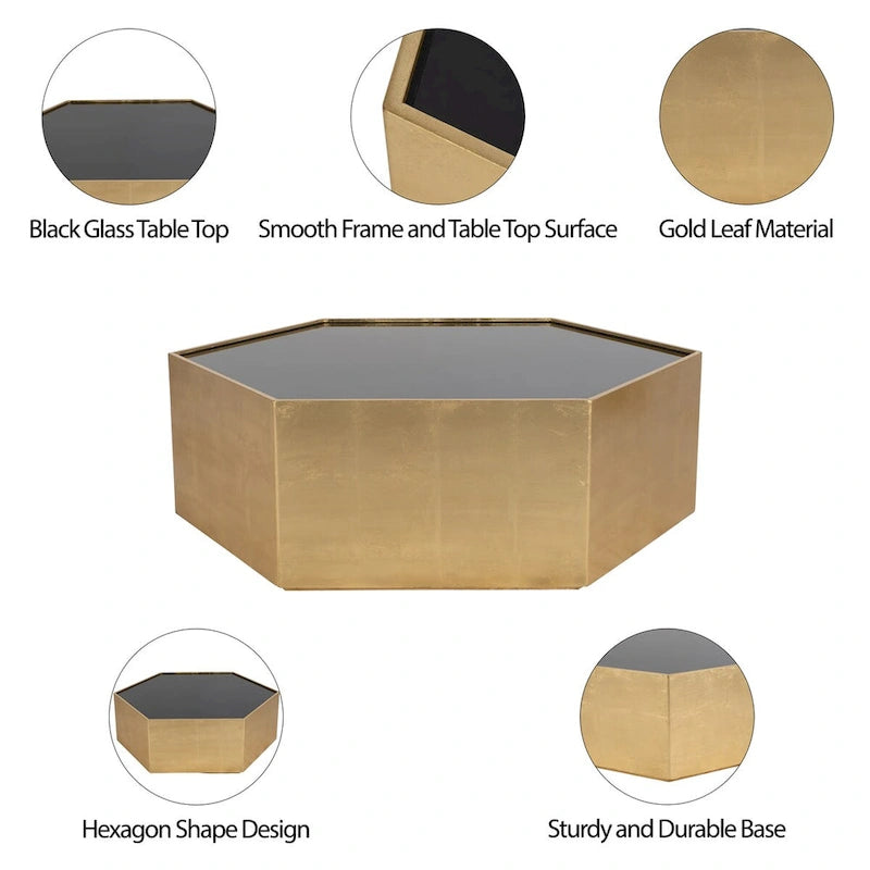 Table basse plateau verre noir hexagonal piètement bois feuille d'or
