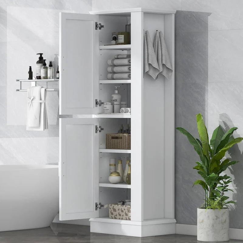 Meuble de Rangement Salle de Bain Colonne avec Étagères Réglables et Crochet Latéral