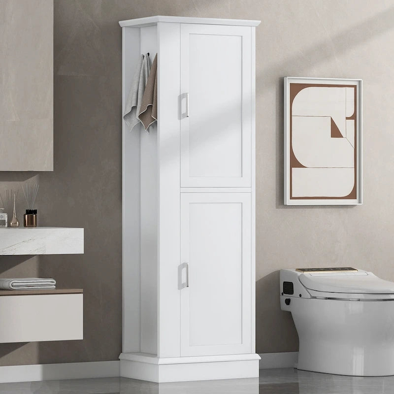 Meuble de Rangement Salle de Bain Colonne avec Étagères Réglables et Crochet Latéral