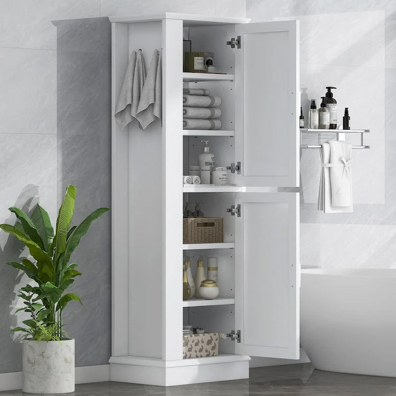 Meuble de Rangement Salle de Bain Colonne avec Étagères Réglables et Crochet Latéral