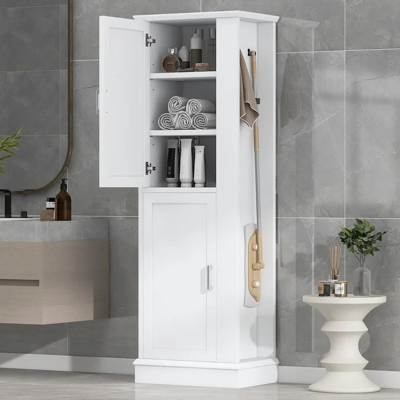 Meuble de Rangement Salle de Bain Colonne avec Étagères Réglables et Crochet Latéral