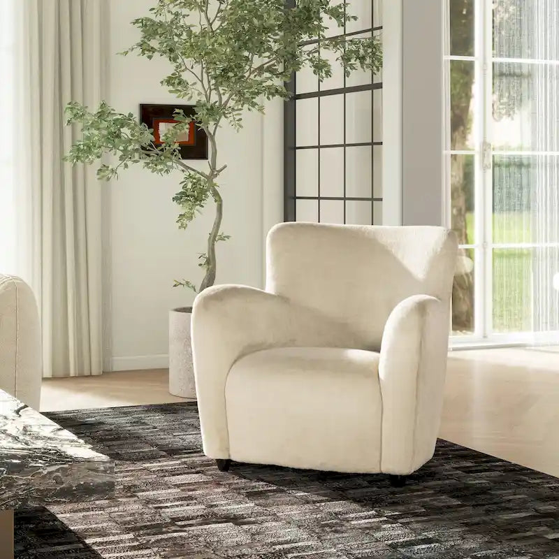 Fauteuil d'appoint à bras incurvés en fausse fourrure peluche avec assise à ressorts sinueux