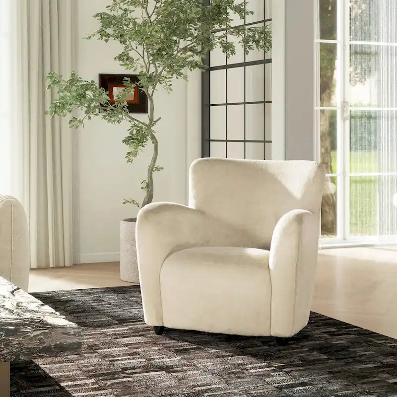 Fauteuil d'appoint à bras incurvés en fausse fourrure peluche avec assise à ressorts sinueux