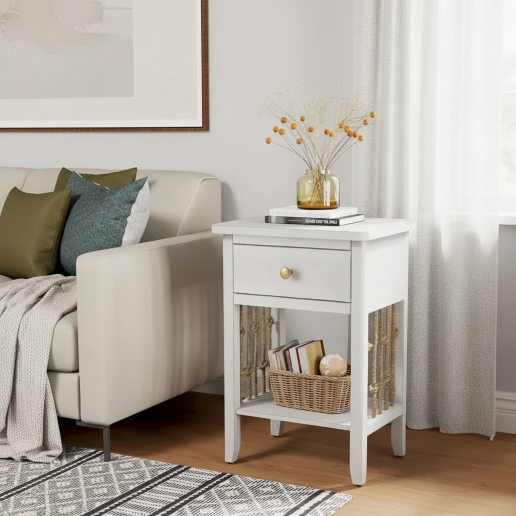 Distressed White Nightstand Scene