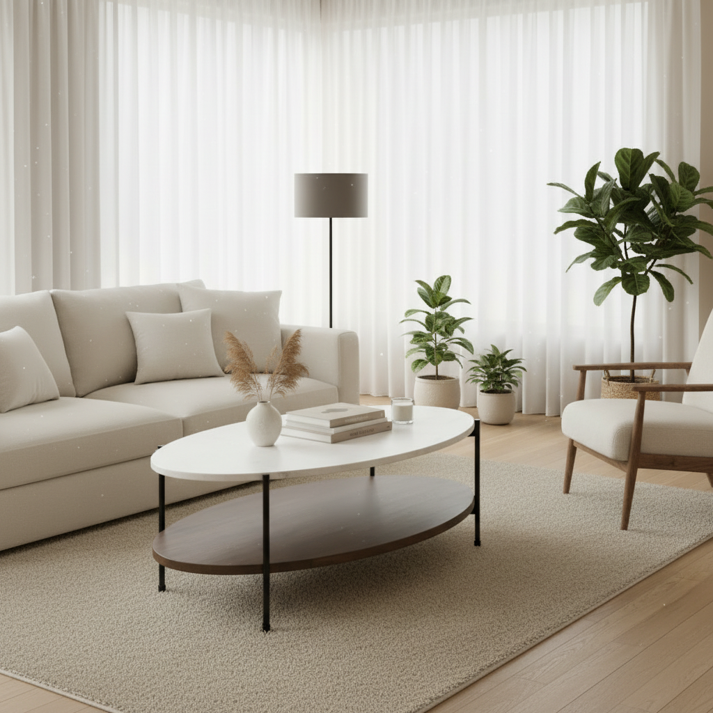 Wide Angle Marble Coffee Table Lifestyle Scene